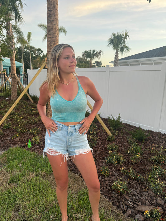 Lani Acid Washed Seamless Crossback Bralette - Icy Blue