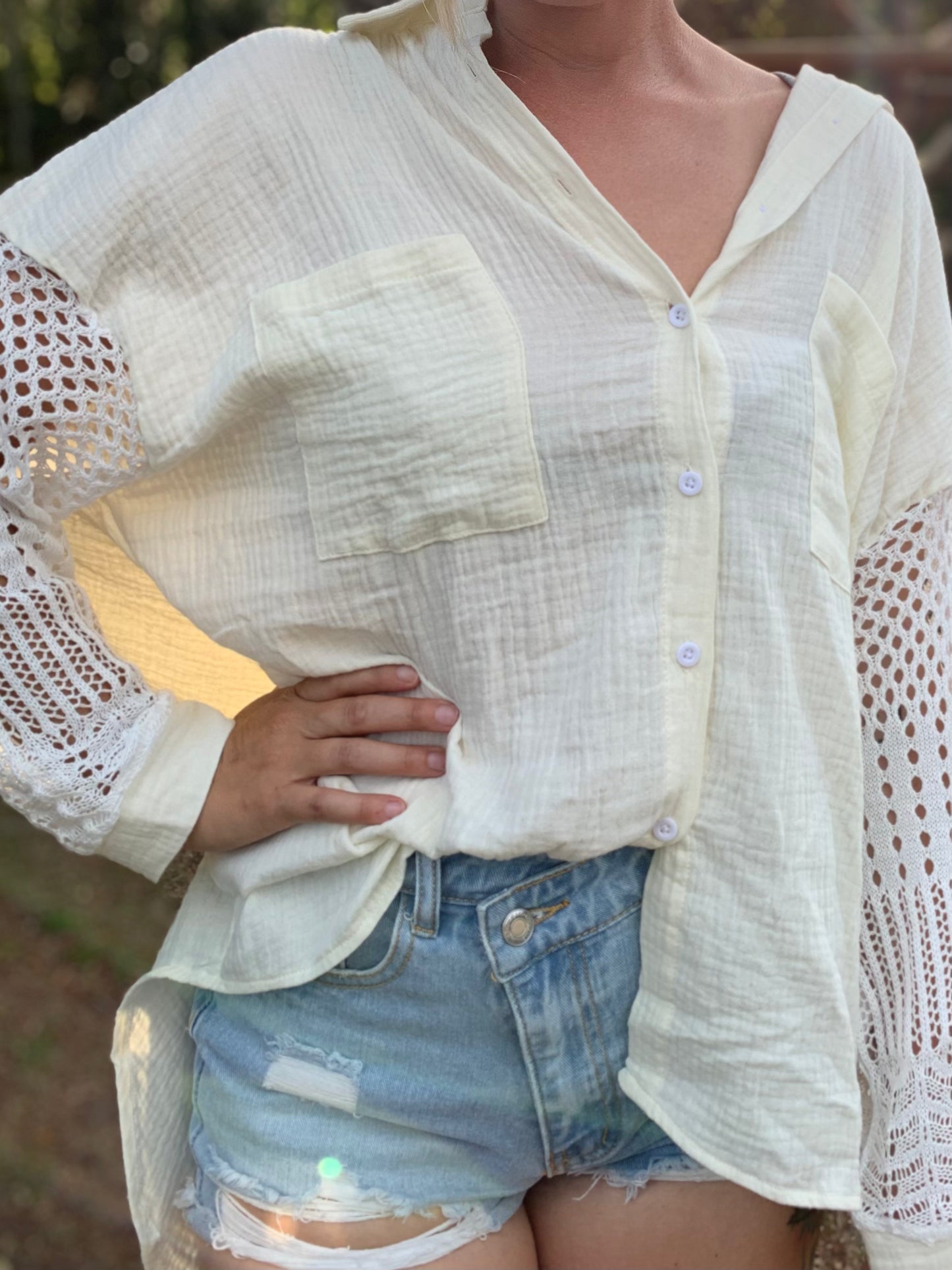 Crochet Sleeve Button Down Top