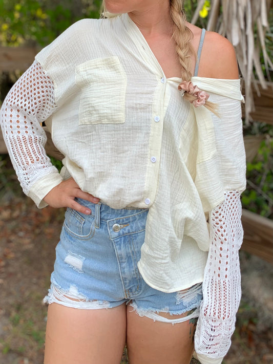 Crochet Sleeve Button Down Top
