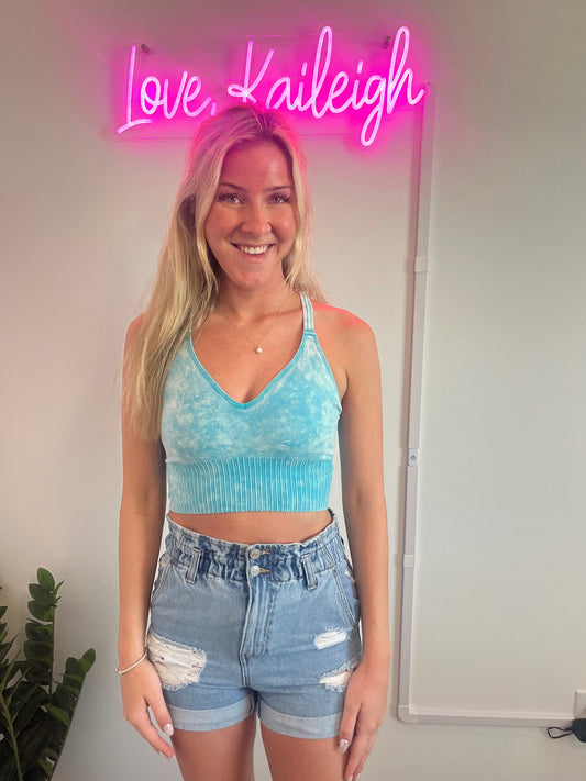 Lani Acid Washed Seamless Crossback Bralette - Icy Blue
